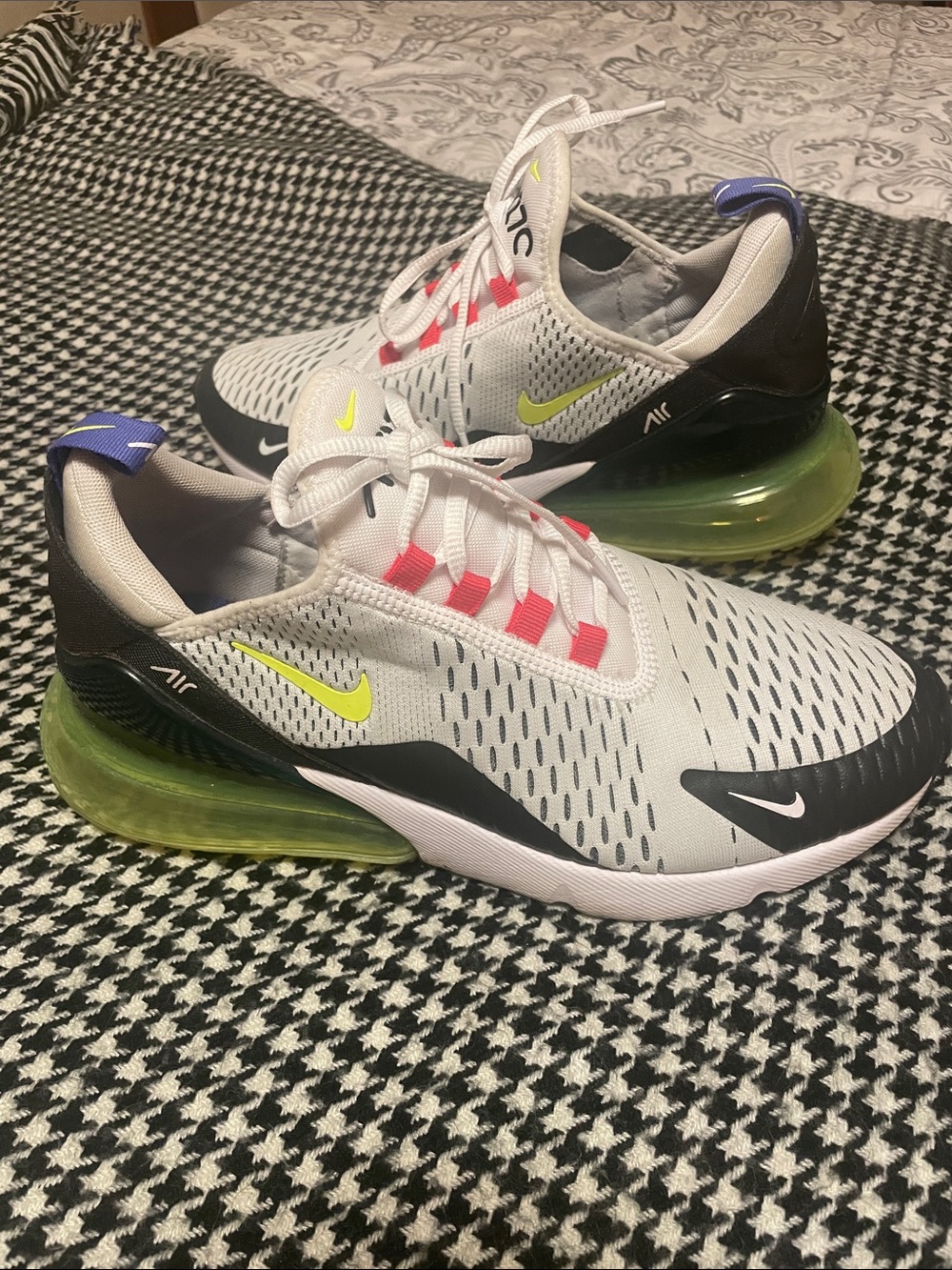 Nike Air Max 270 White Black Volt Shoes with Purple Pull Tab